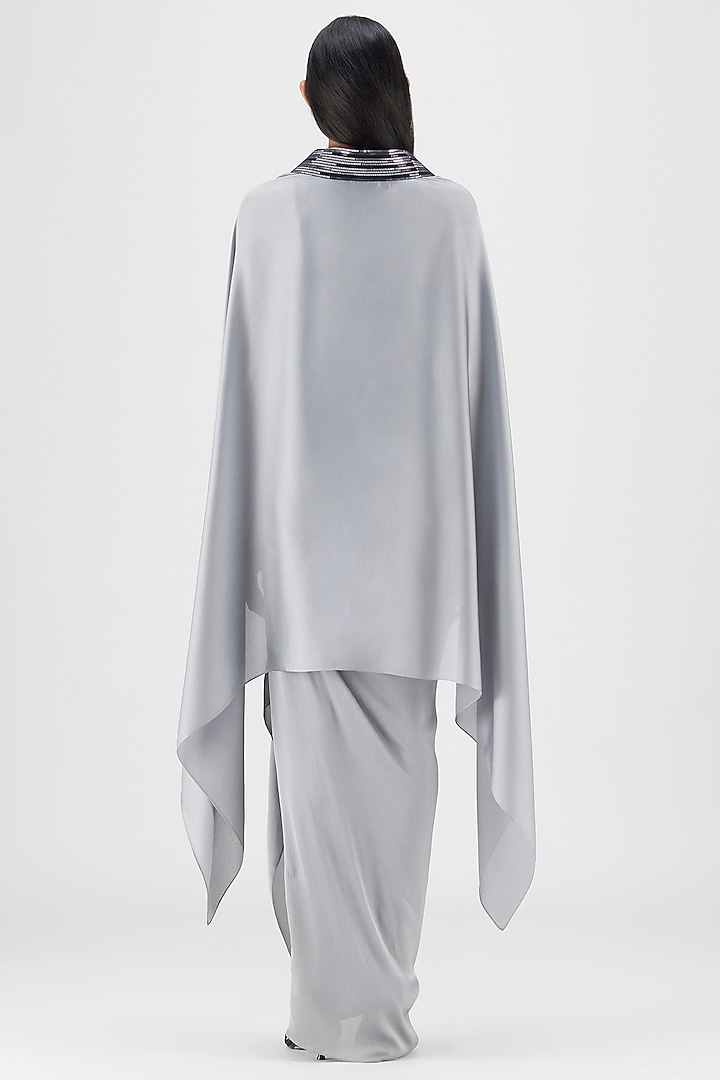 Steel Grey Metallic Polymer & Crepe Chiffon Cape by Amit Aggarwal at Pernia's Pop Up Shop