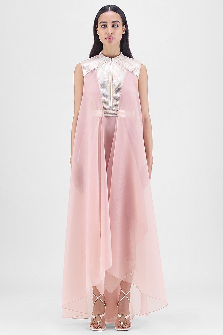 Rose Pink Metallic Polymer & Crepe Chiffon Cocktail Dress by Amit Aggarwal at Pernia's Pop Up Shop