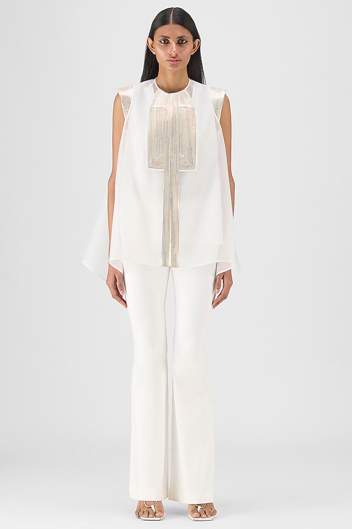 Pearl White Metallic Polymer & Crepe Chiffon Top by Amit Aggarwal at Pernia's Pop Up Shop