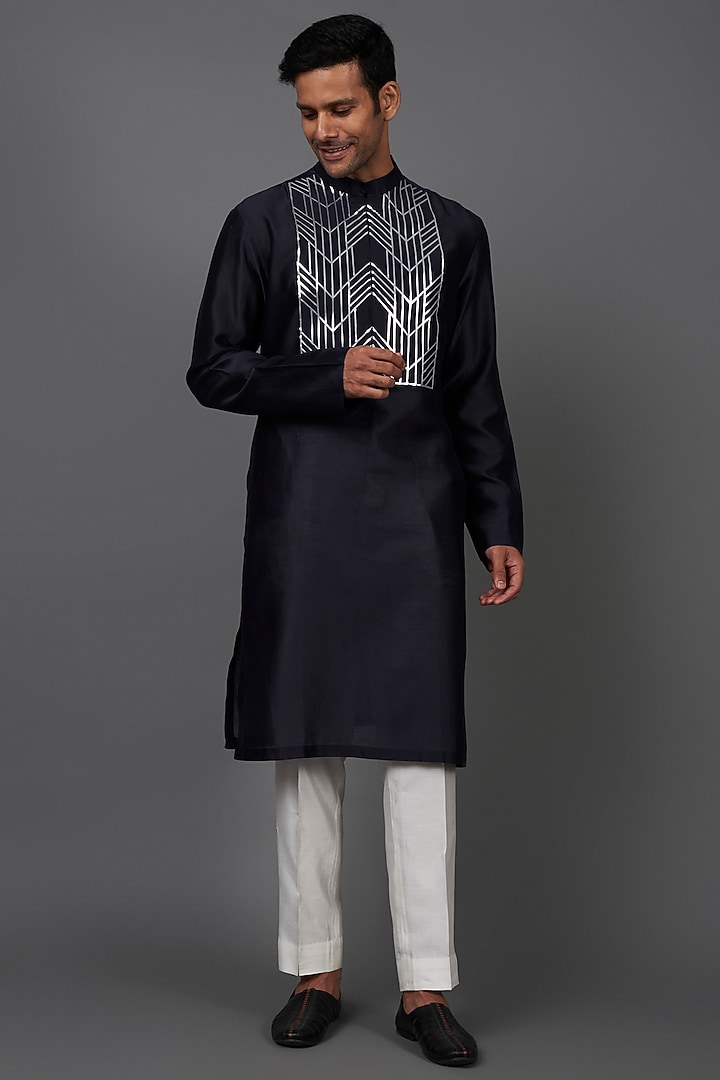 Dark Blue Silk Chanderi Kurta Set by Amit Aggarwal Men at Pernia's Pop Up Shop