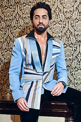 Pastel Blue Cotton Satin Pant Set With Metallic Jacket by Amit Aggarwal Men