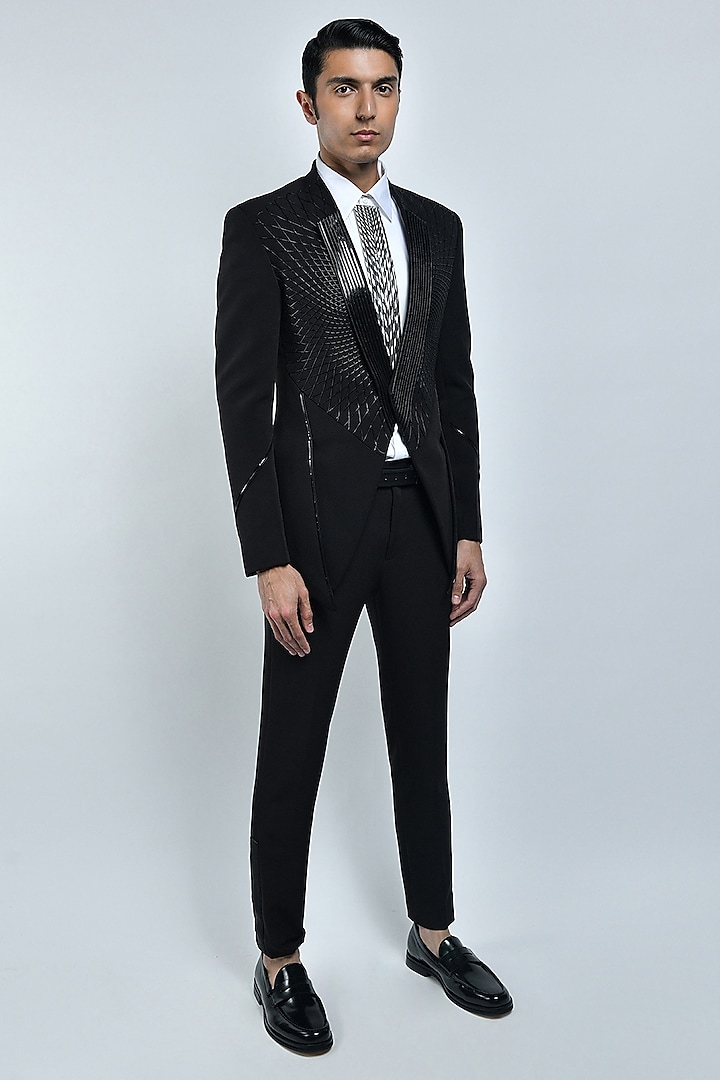 Black Stretch Crepe Monochrome Embroidered Structured Jacket Set by Amit Aggarwal Men