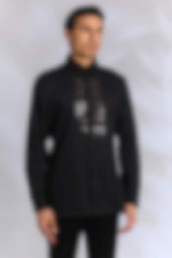 Black Cotton Satin Handwoven Metallic Polymer Wedding Shirt by Amit Aggarwal Men at Pernia's Pop Up Shop
