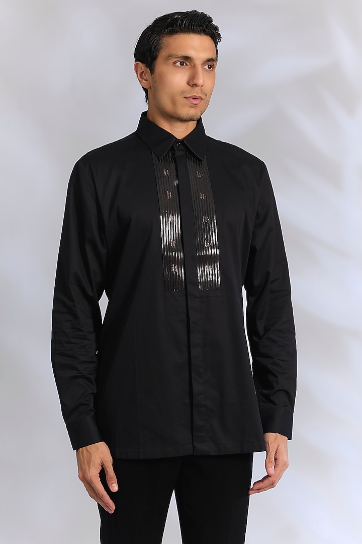 Black Cotton Satin Handwoven Metallic Polymer Wedding Shirt by Amit Aggarwal Men at Pernia's Pop Up Shop
