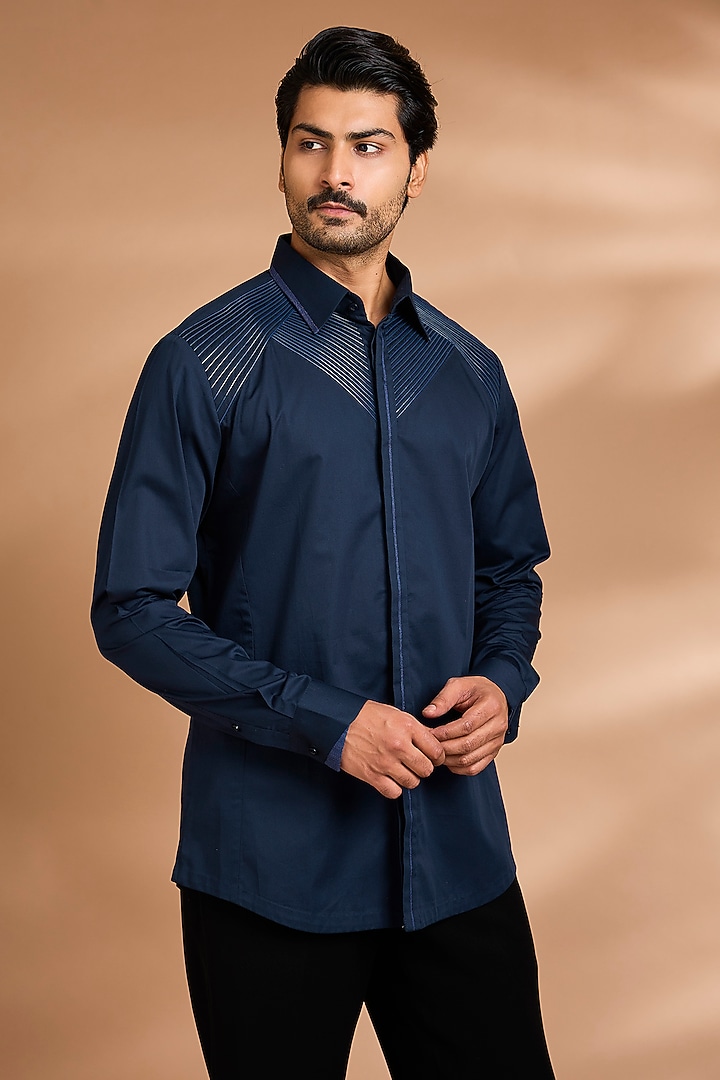 Ink Blue Cotton Satin Wedding Shirt by Amit Aggarwal Men at Pernia's Pop Up Shop