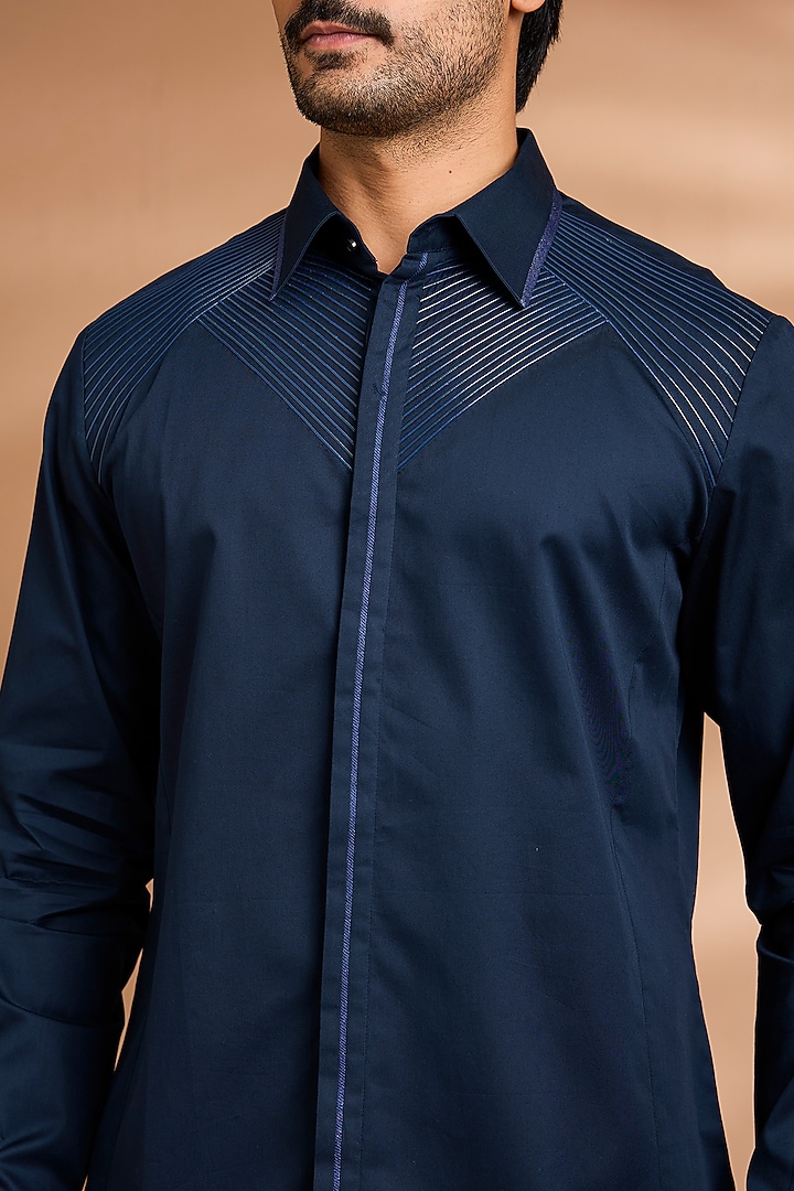 Ink Blue Cotton Satin Wedding Shirt by Amit Aggarwal Men at Pernia's Pop Up Shop