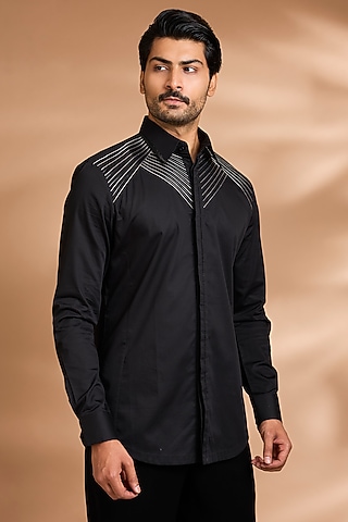 Black Cotton Satin Shirt by Amit Aggarwal Men