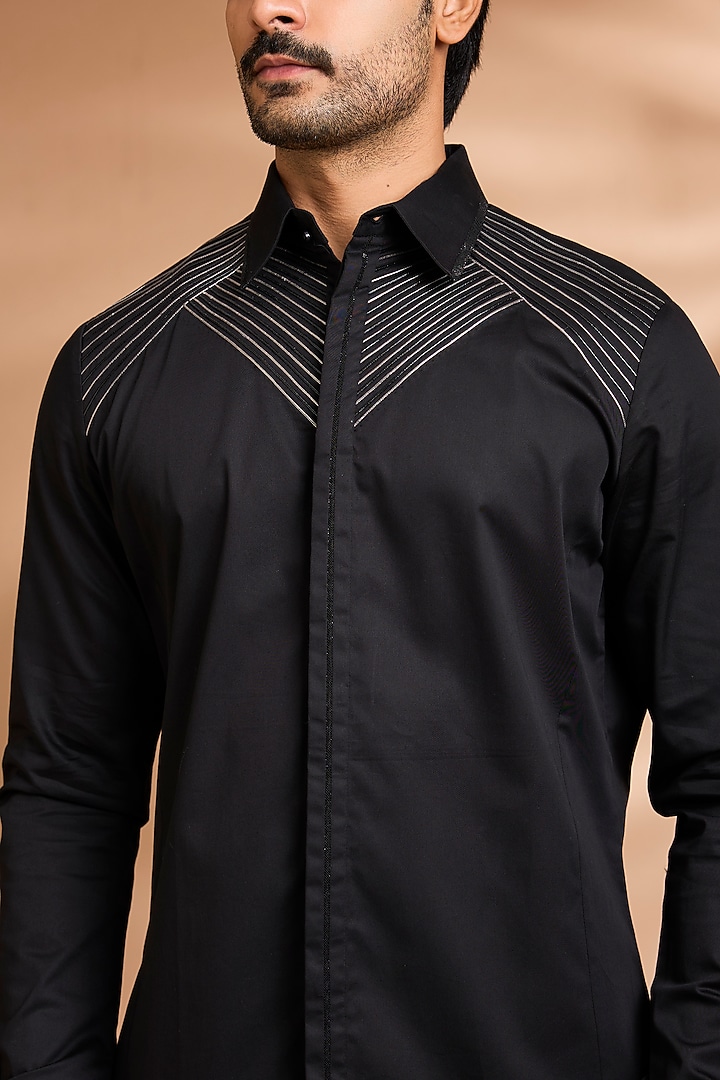 Black Cotton Satin Wedding Shirt by Amit Aggarwal Men at Pernia's Pop Up Shop