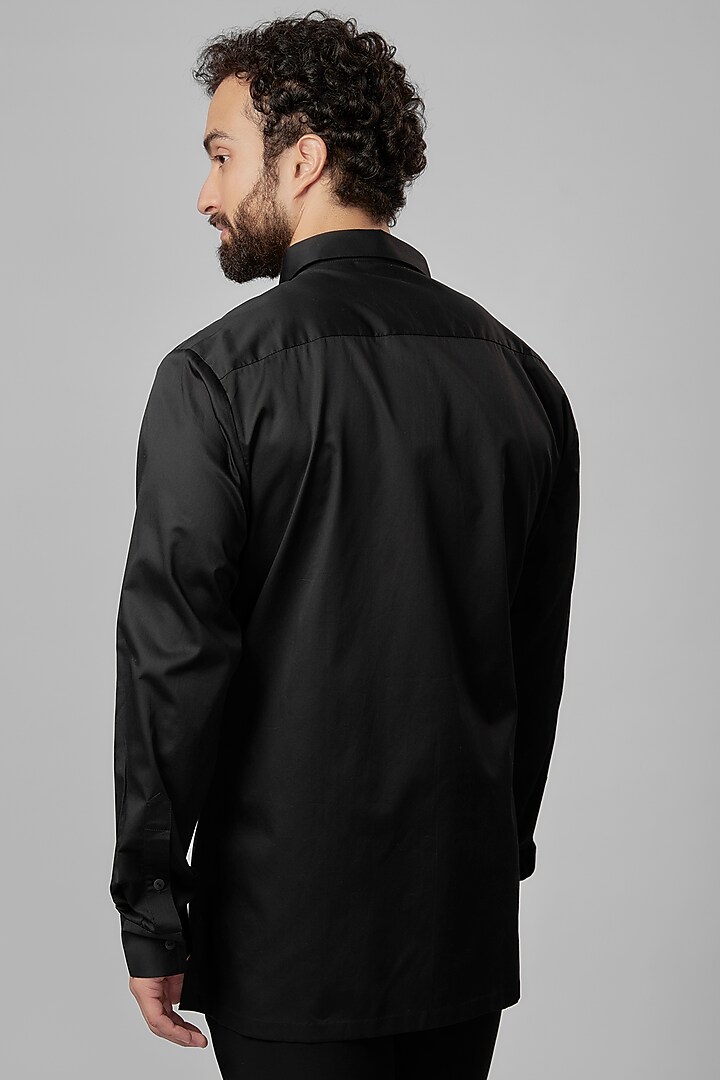 Black Cotton Satin Metallic Polymer Structured Wedding Shirt by Amit Aggarwal Men at Pernia's Pop Up Shop