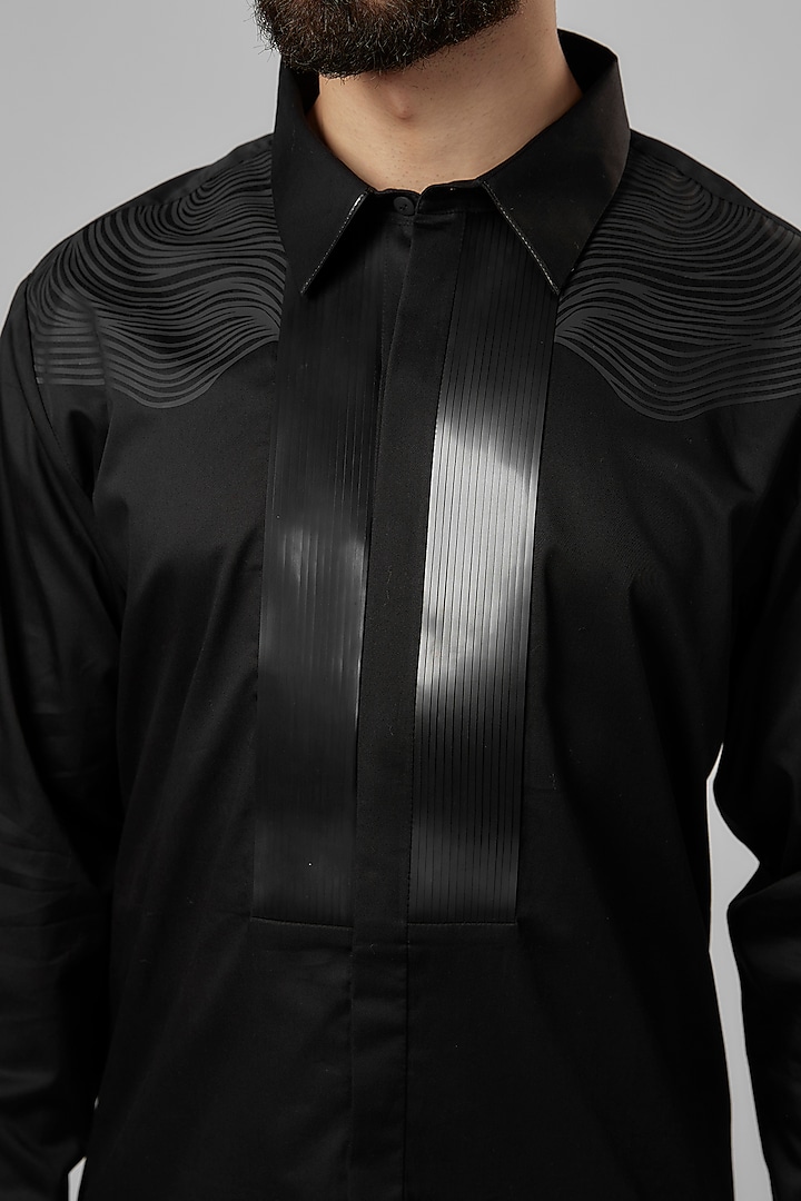 Black Cotton Satin Metallic Polymer Structured Wedding Shirt by Amit Aggarwal Men at Pernia's Pop Up Shop