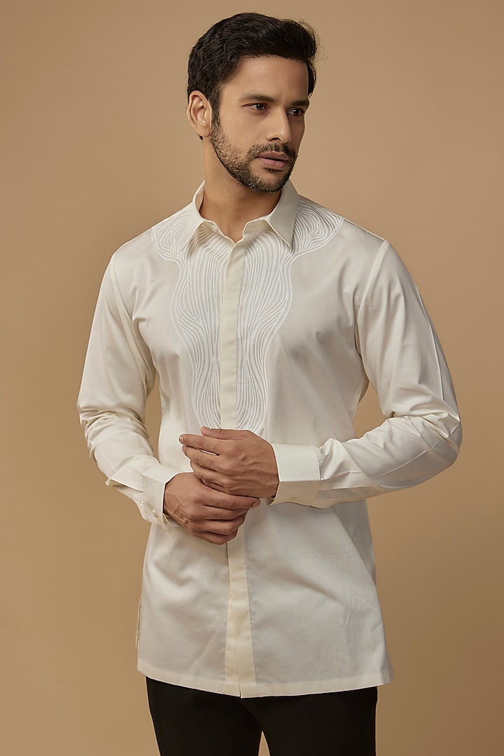 White Cotton Satin Structured Shirt by Amit Aggarwal Men at Pernia's Pop Up Shop