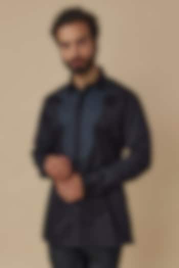 Black Cotton Satin Structured Wedding Shirt by Amit Aggarwal Men at Pernia's Pop Up Shop