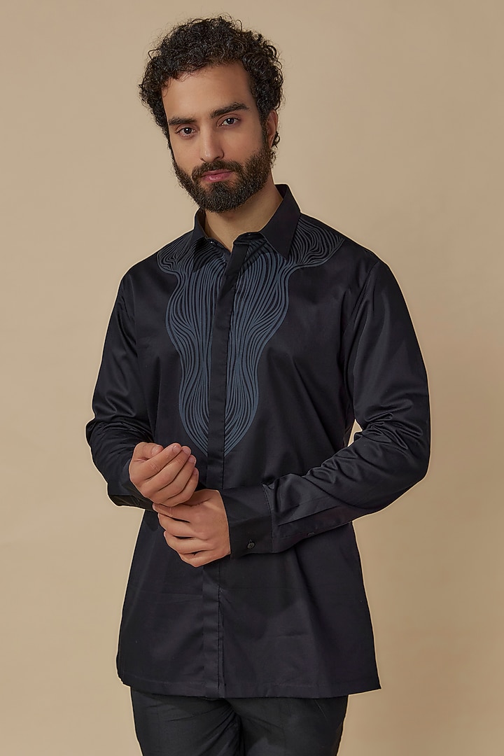 Black Cotton Satin Structured Wedding Shirt by Amit Aggarwal Men at Pernia's Pop Up Shop
