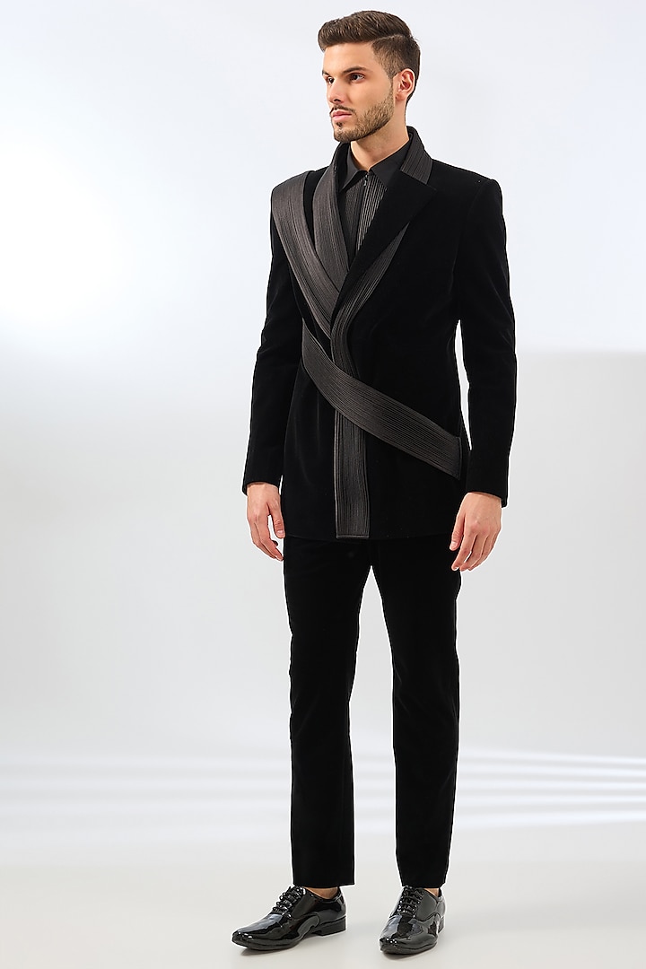 Black Velvet Mirco Pleated Tuxedo Set by Amit Aggarwal Men at Pernia's Pop Up Shop