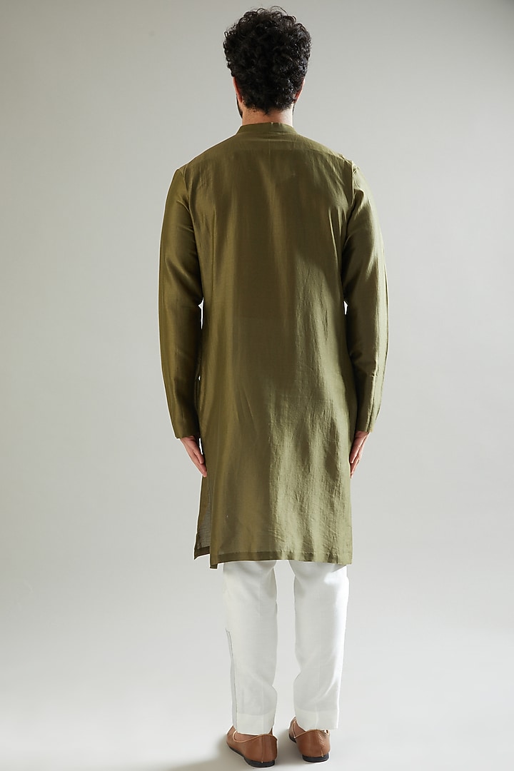 Olive Silk Chanderi Kurta by Amit Aggarwal Men at Pernia's Pop Up Shop