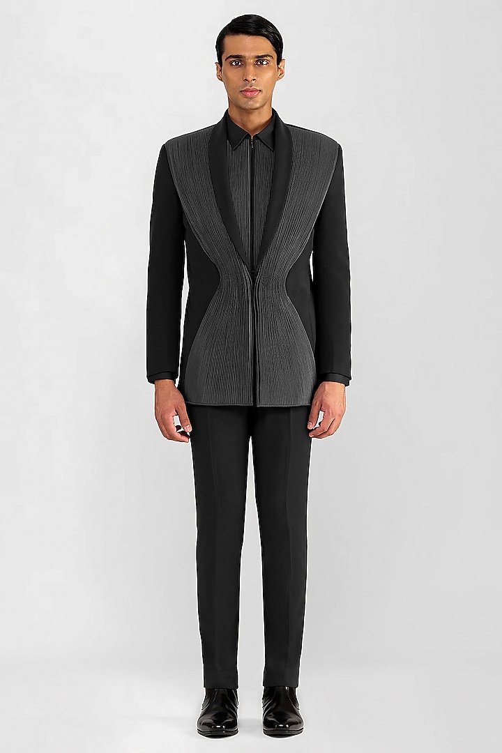 Black Satin Crepe Micro Pleated Tuxedo Set by Amit Aggarwal Men at Pernia's Pop Up Shop