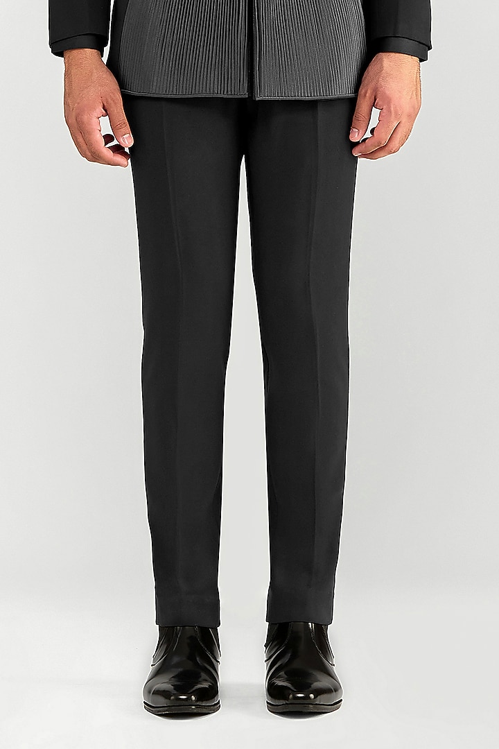 Black Satin Crepe Micro Pleated Tuxedo Set by Amit Aggarwal Men at Pernia's Pop Up Shop