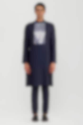 Ink Blue Chanderi Silk Metallic Micro Pleated Kurta Set by Amit Aggarwal Men