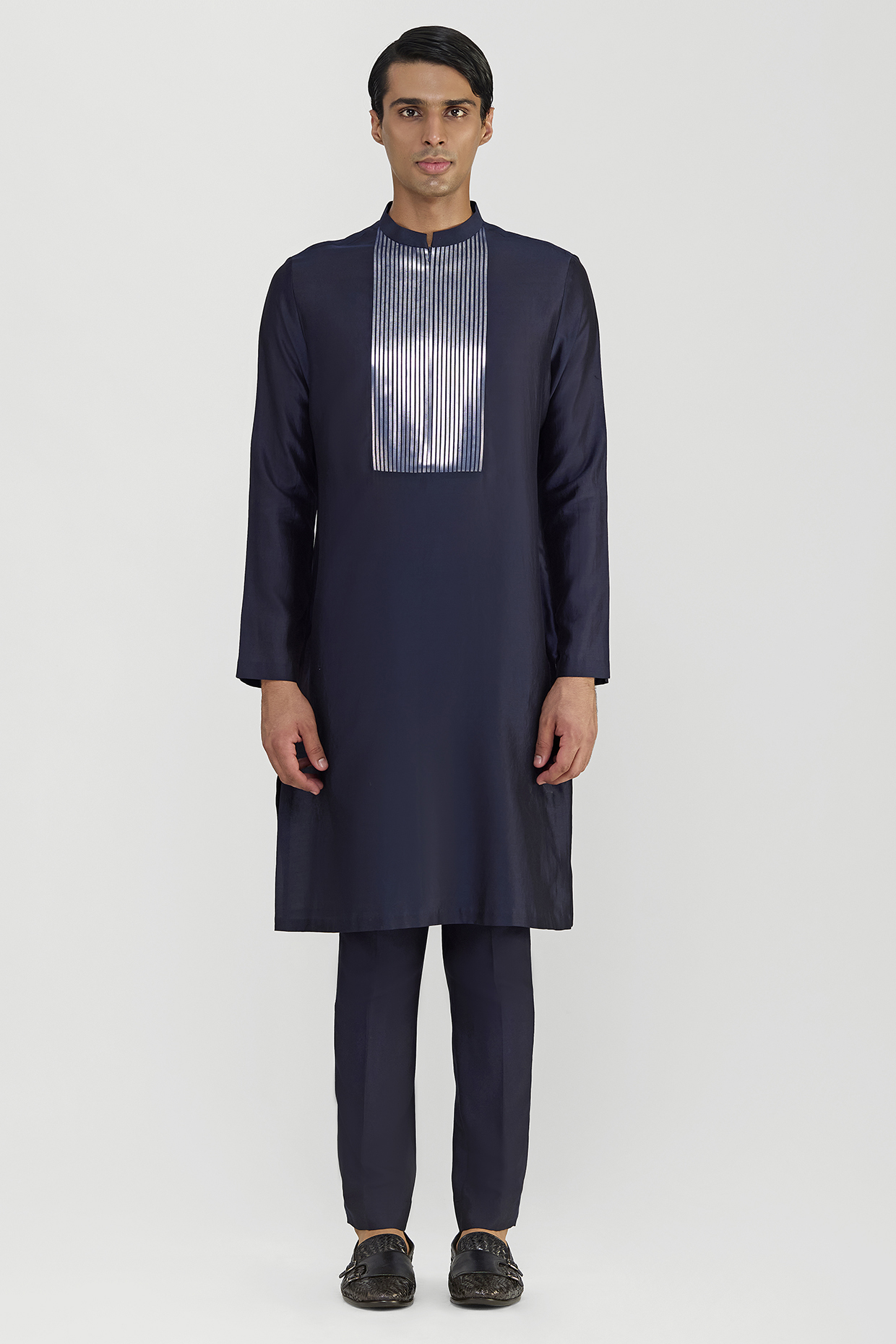 Ink Blue Chanderi Silk Metallic Micro Pleated Kurta Set by Amit Aggarwal Men