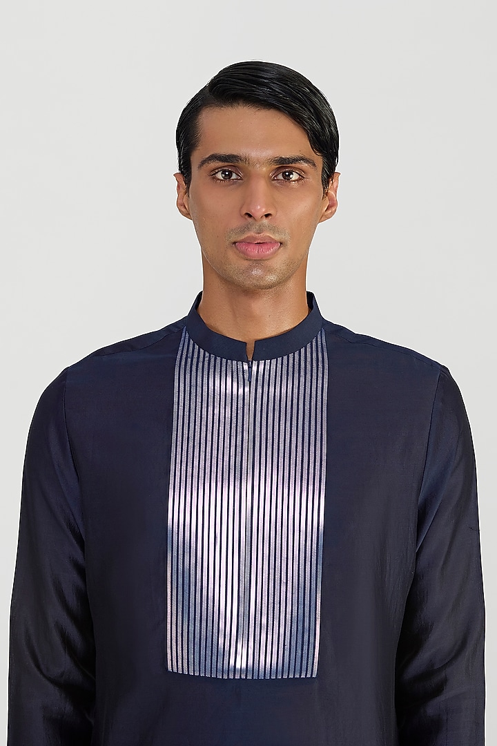 Ink Blue Chanderi Silk Metallic Micro Pleated Kurta Set by Amit Aggarwal Men at Pernia's Pop Up Shop