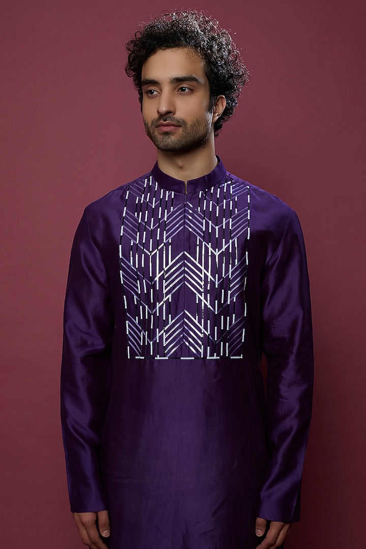 Purple Silk & Chanderi Kurta Set by Amit Aggarwal Men at Pernia's Pop Up Shop