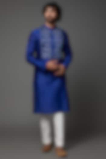 Royal Blue Silk & Chanderi Kurta by Amit Aggarwal Men at Pernia's Pop Up Shop