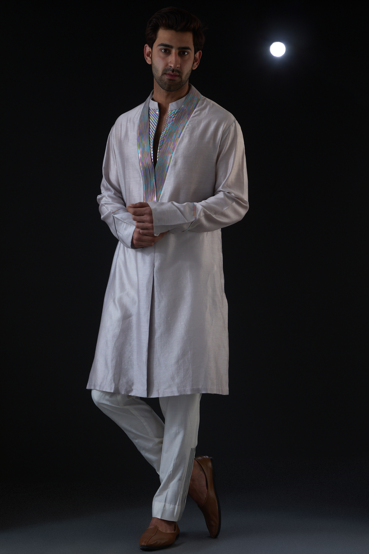Ice Grey Silk & Chanderi Kurta Set by Amit Aggarwal Men
