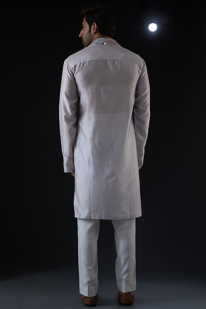 Ice Grey Silk & Chanderi Kurta Set by Amit Aggarwal Men at Pernia's Pop Up Shop