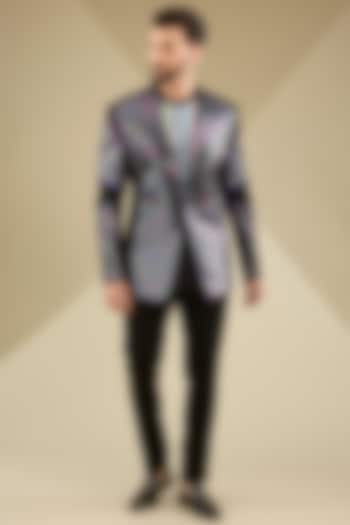 Black Metallic Polymer Hand Woven Tuxedo Set by Amit Aggarwal Men