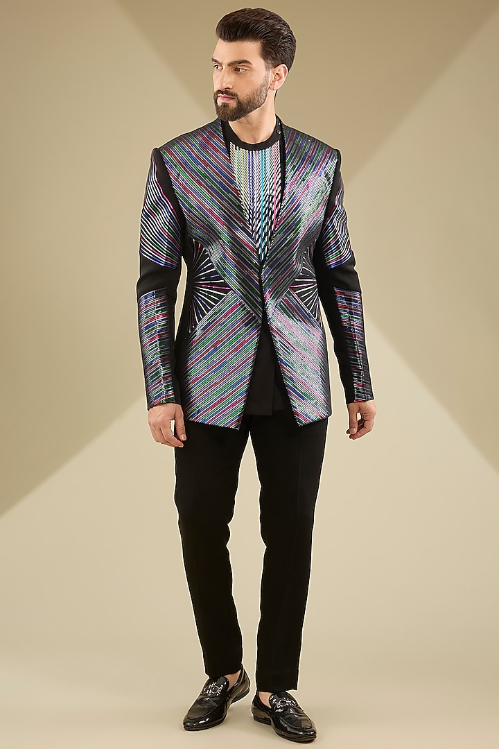 Black Metallic Polymer Hand Woven Tuxedo Set by Amit Aggarwal Men