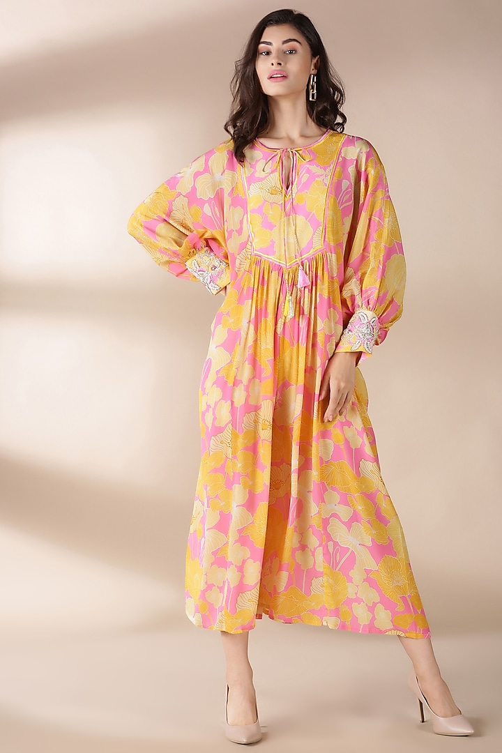 Yellow Kaftan With Floral Print by Archana Shah