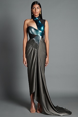 Pewter Metallic Crinkled Chiffon Dress by Amit Aggarwal
