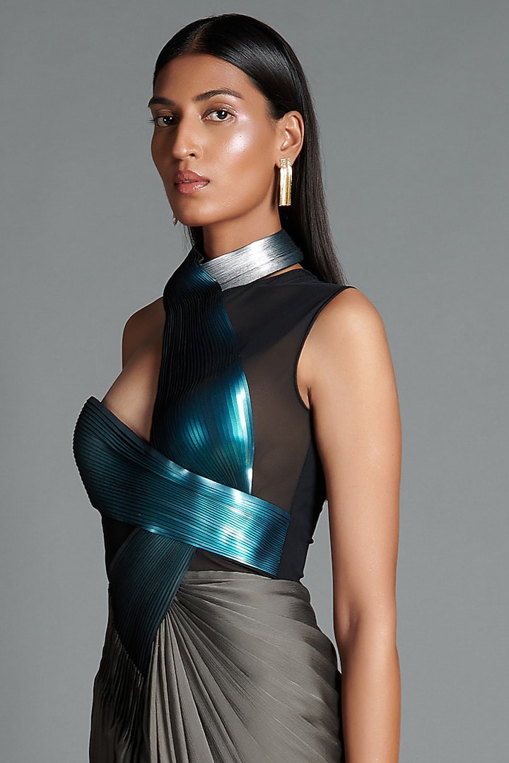 Pewter Metallic Crinkled Chiffon Party Wear Dress by Amit Aggarwal at Pernia's Pop Up Shop