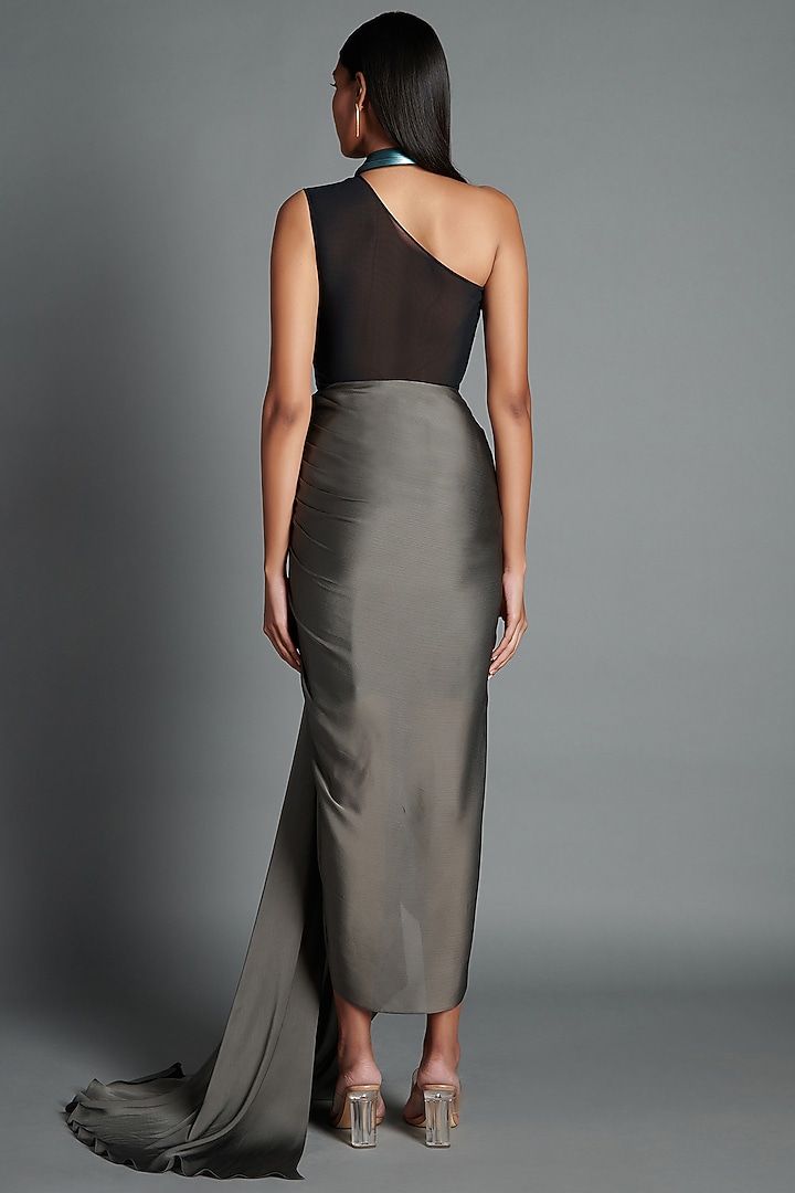 Pewter Metallic Crinkled Chiffon Party Wear Dress by Amit Aggarwal at Pernia's Pop Up Shop