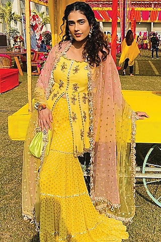 Yellow Georgette Sharara Set by Neha Mehta Couture