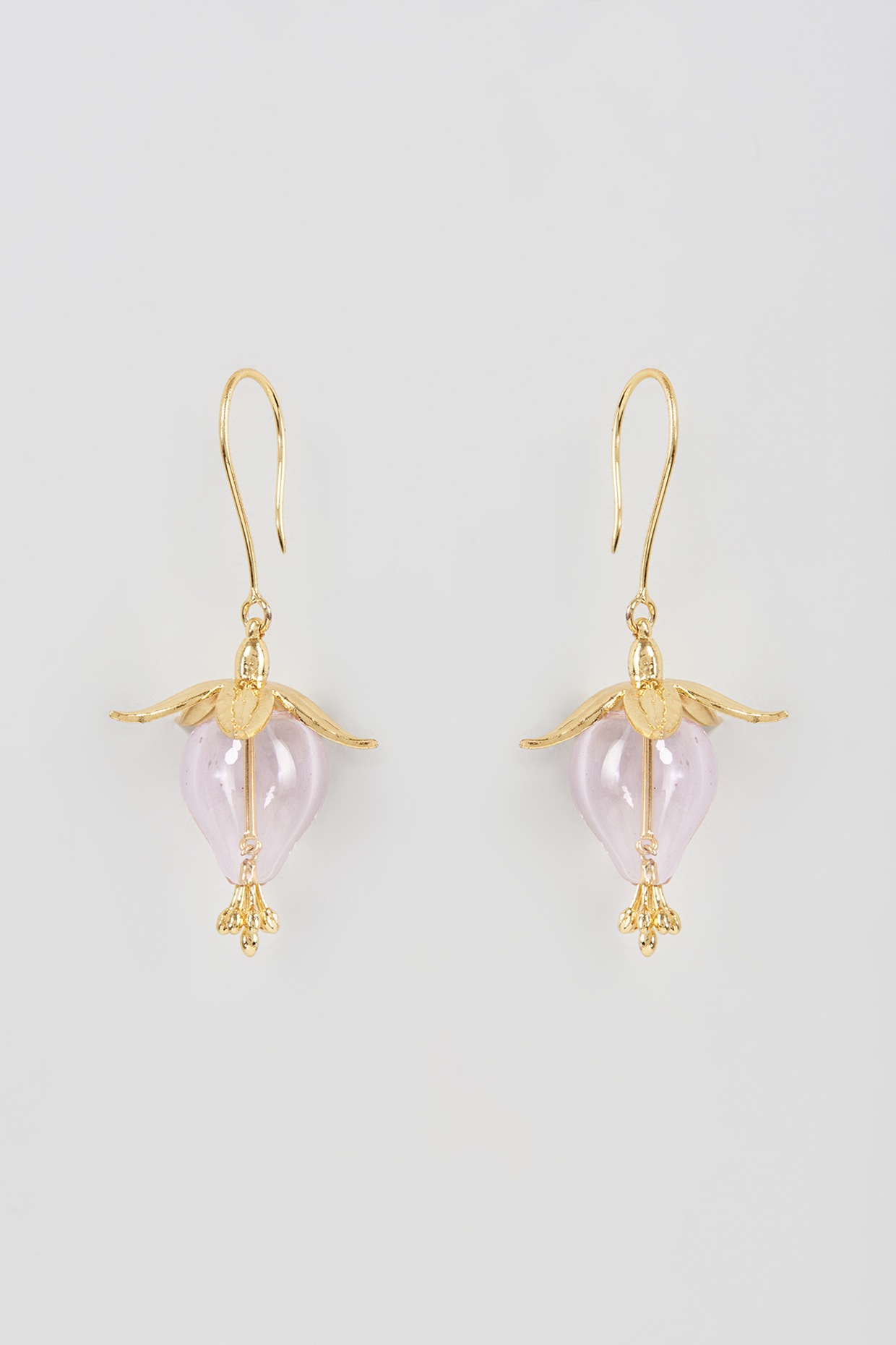 Gold Finish Pink Floral Dangler Earrings by Aadikara at Pernia's Pop Up Shop