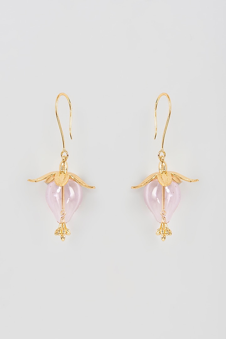 Gold Finish Pink Floral Dangler Earrings by Aadikara at Pernia's Pop Up Shop