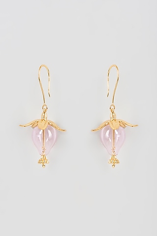 Gold Finish Pink Floral Dangler Earrings by Aadikara