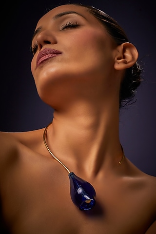 Gold Finish Blue Floral Necklace by Aadikara