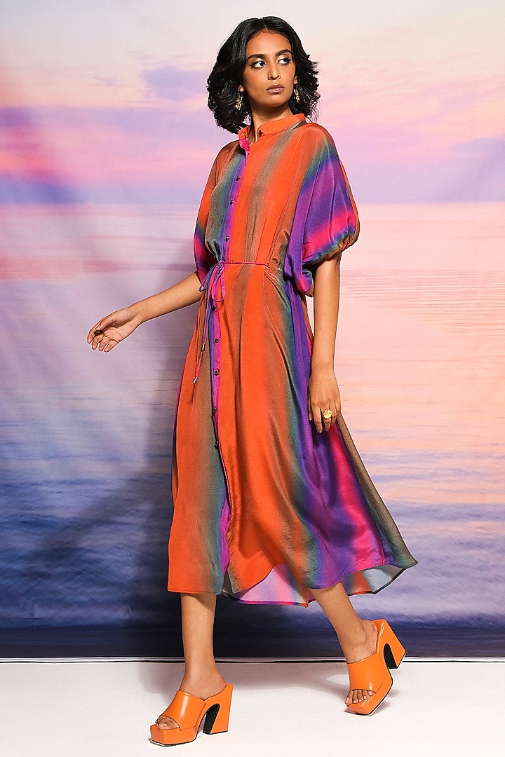 Orange Cupro Crepe Midi Summer Dress by Ananya Agrawal Label at Pernia's Pop Up Shop