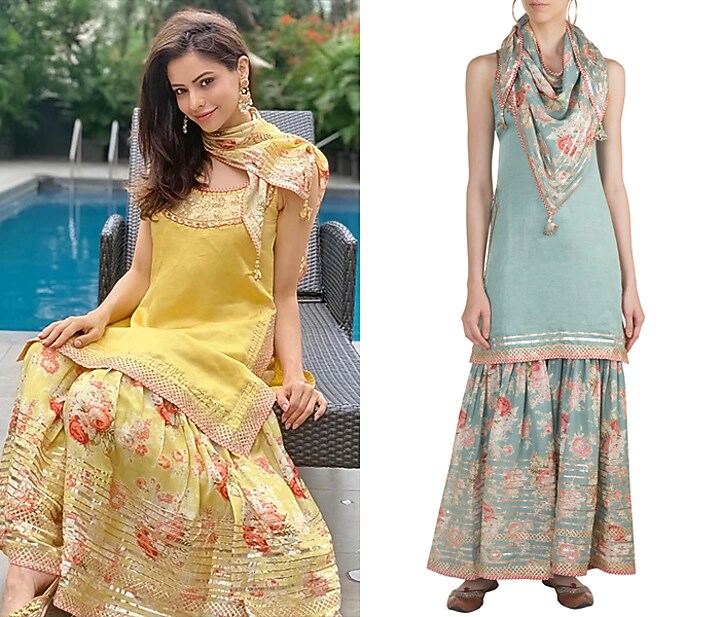 Teal Blue Embroidered & Printed Wedding Sharara Set by GOPI VAID at Pernia's Pop Up Shop