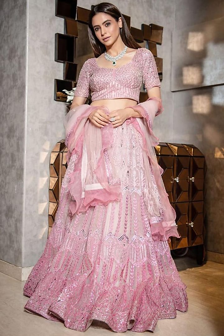 Blush Pink Embroidered Bridal Lehenga Set by Ronak and Shruti at Pernia's Pop Up Shop