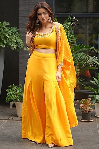 Kesar Yellow Silk Hand Embroidered Bandhani Cape Set by Pink City By Sarika