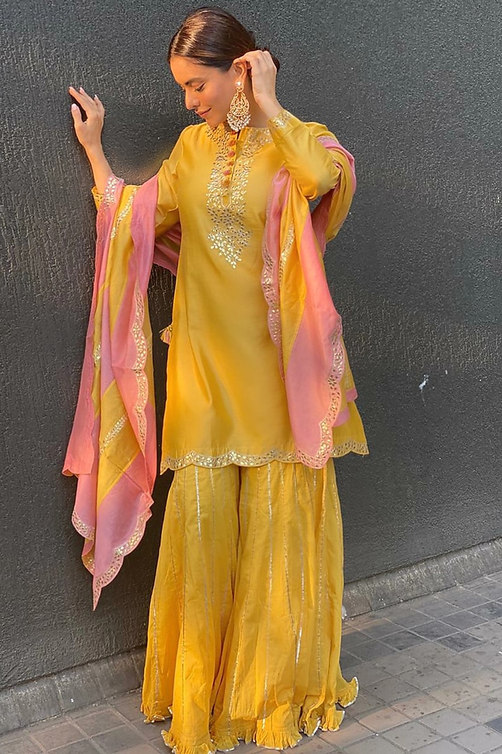 Yellow Embroidered Sharara Set by Pink City By Sarika