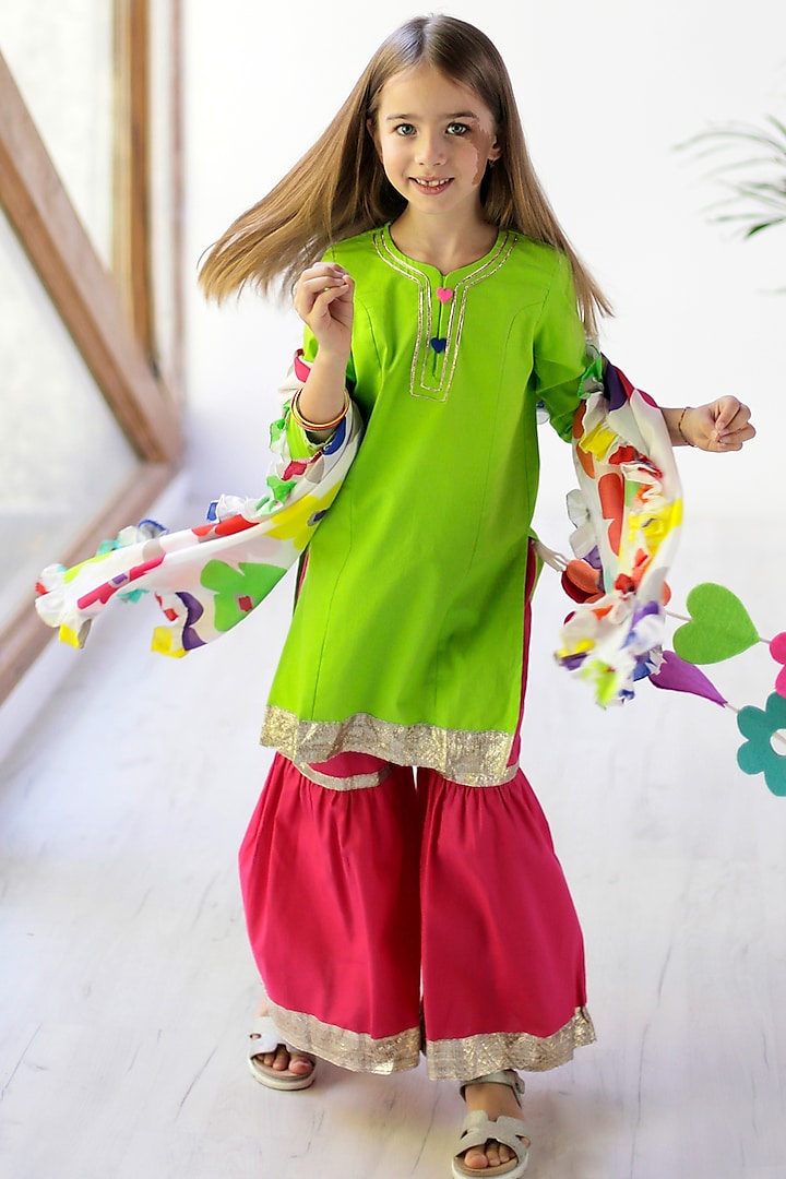 Pink Cotton & Cotton Silk Sharara Set For Girls by Anaario