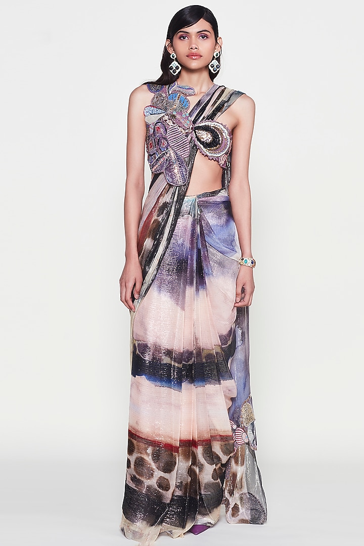Multi-Colored Sequins Tulle Applique Embroidered Pre-Draped Wedding Saree Set by Aisha Rao at Pernia's Pop Up Shop