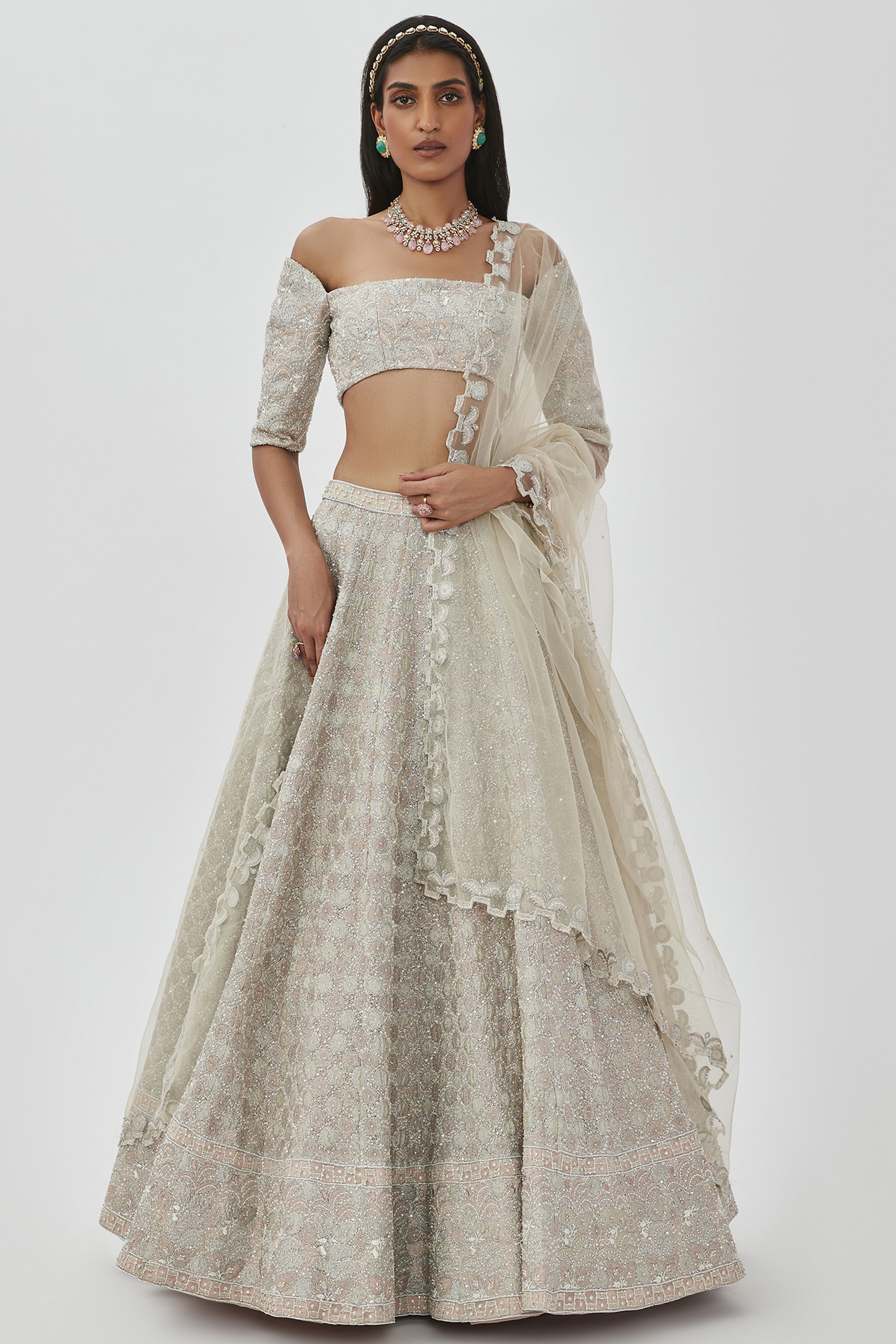 Pastel Silver Tissue & Net Embellished 16 Kali Bridal Lehenga Set by Aisha Rao at Pernia's Pop Up Shop