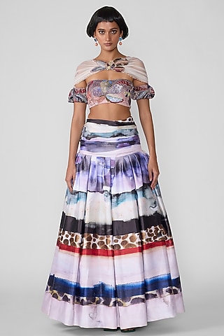 White Poly Gathered Ruched Skirt Set by Aisha Rao