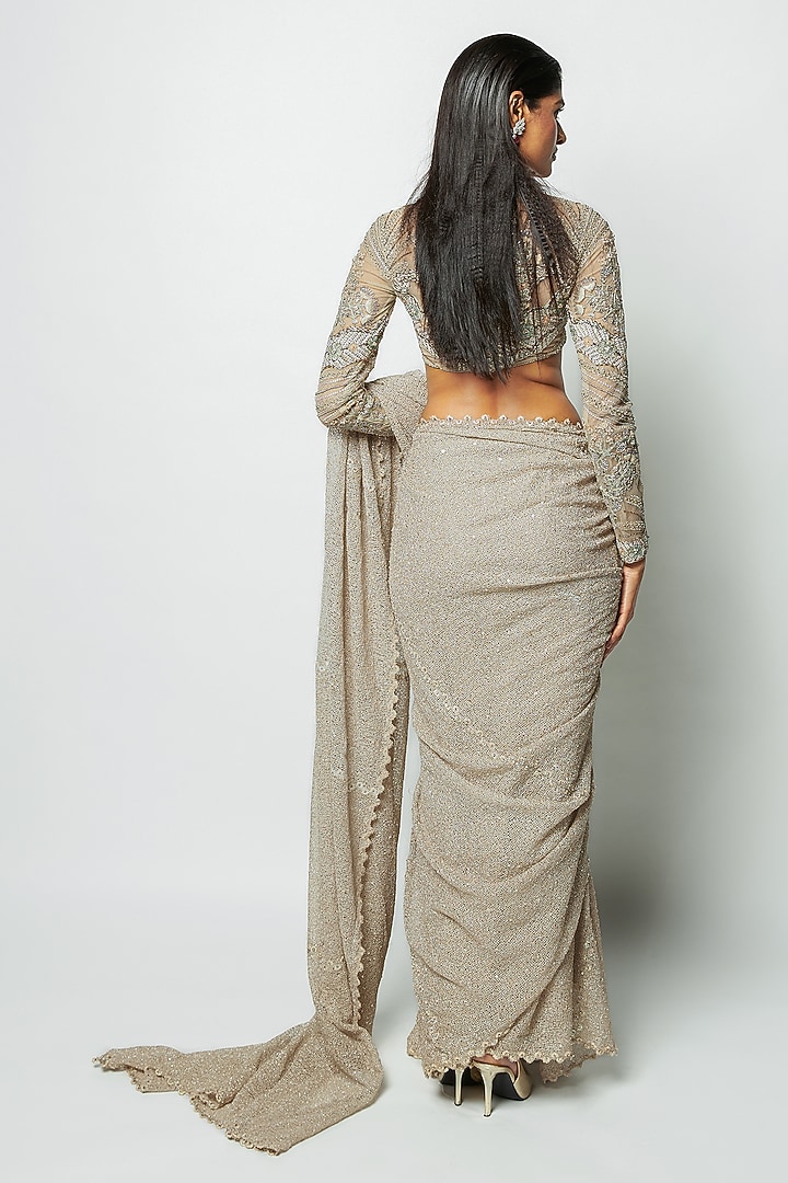 Champagne Mesh Applique Embellished Bridal Saree Set by Aisha Rao at Pernia's Pop Up Shop