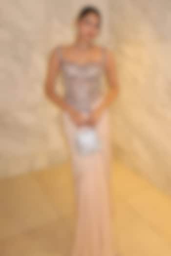 Baby Pink Tulle & Chiffon Applique Embellished Draped Wedding Gown by Aisha Rao at Pernia's Pop Up Shop
